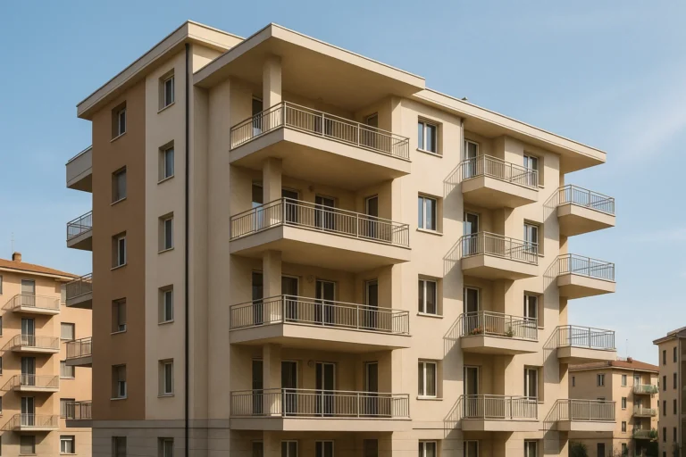 Facciata di un moderno edificio residenziale italiano con balconi e design urbano.