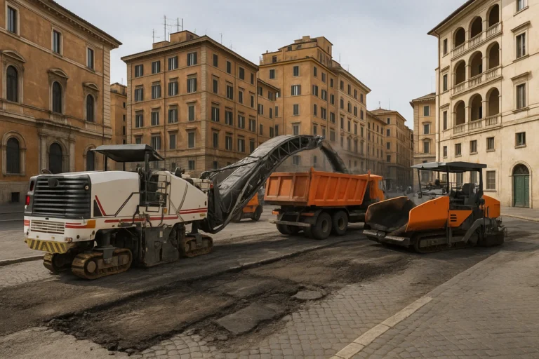 Strada di Roma in rifacimento con edifici storici sullo sfondo.
