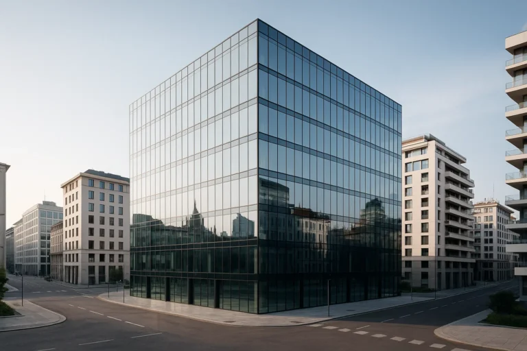 Moderno centro business a Milano con facciata in vetro nel cuore della città.