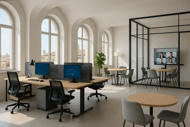 Ufficio ibrido moderno in Italia con spazi flessibili e tecnologie digitali.