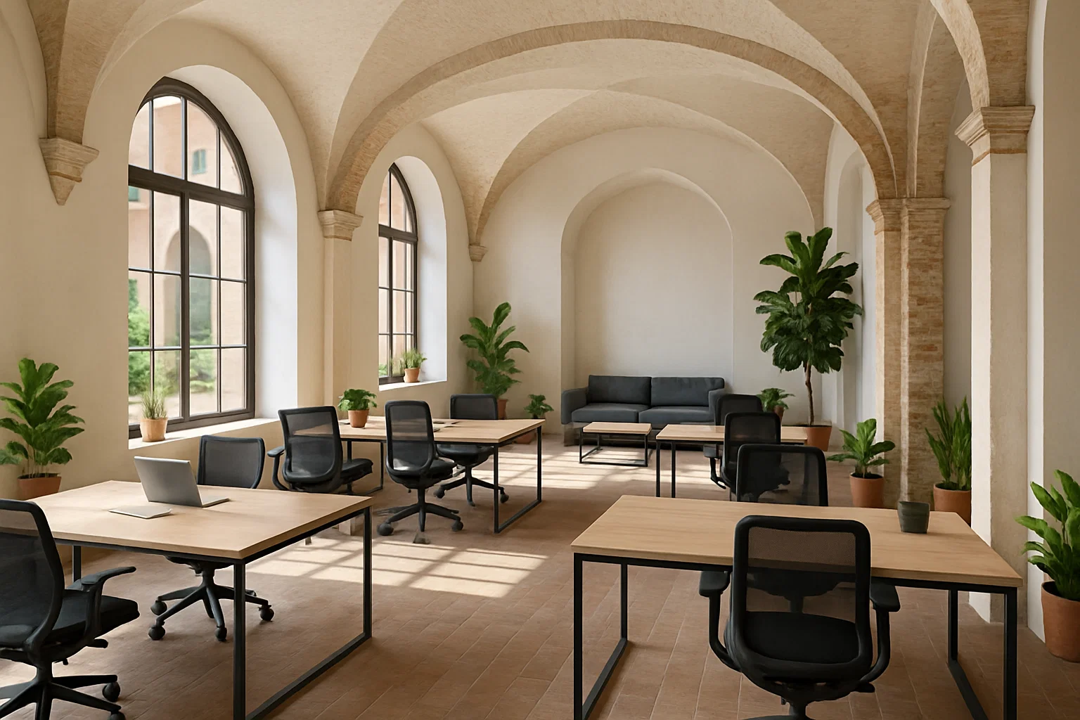 Il Buzz del Coworking in Italia: Come le Persone Trovano il Loro Spazio 1 Spazio di coworking moderno in Italia con design elegante e dettagli architettonici italiani.