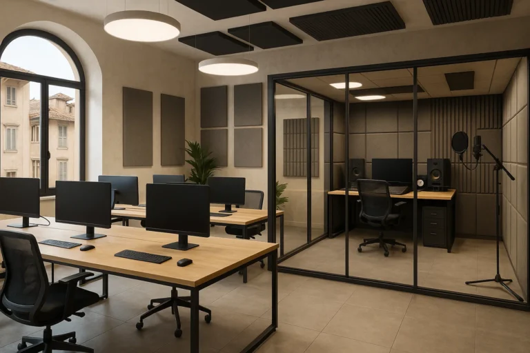 Spazio di coworking moderno in Italia con studio di registrazione integrato e design creativo.