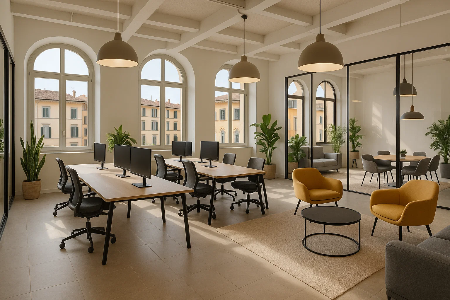 Moderno spazio di coworking in Italia con uffici luminosi e arredi contemporanei.