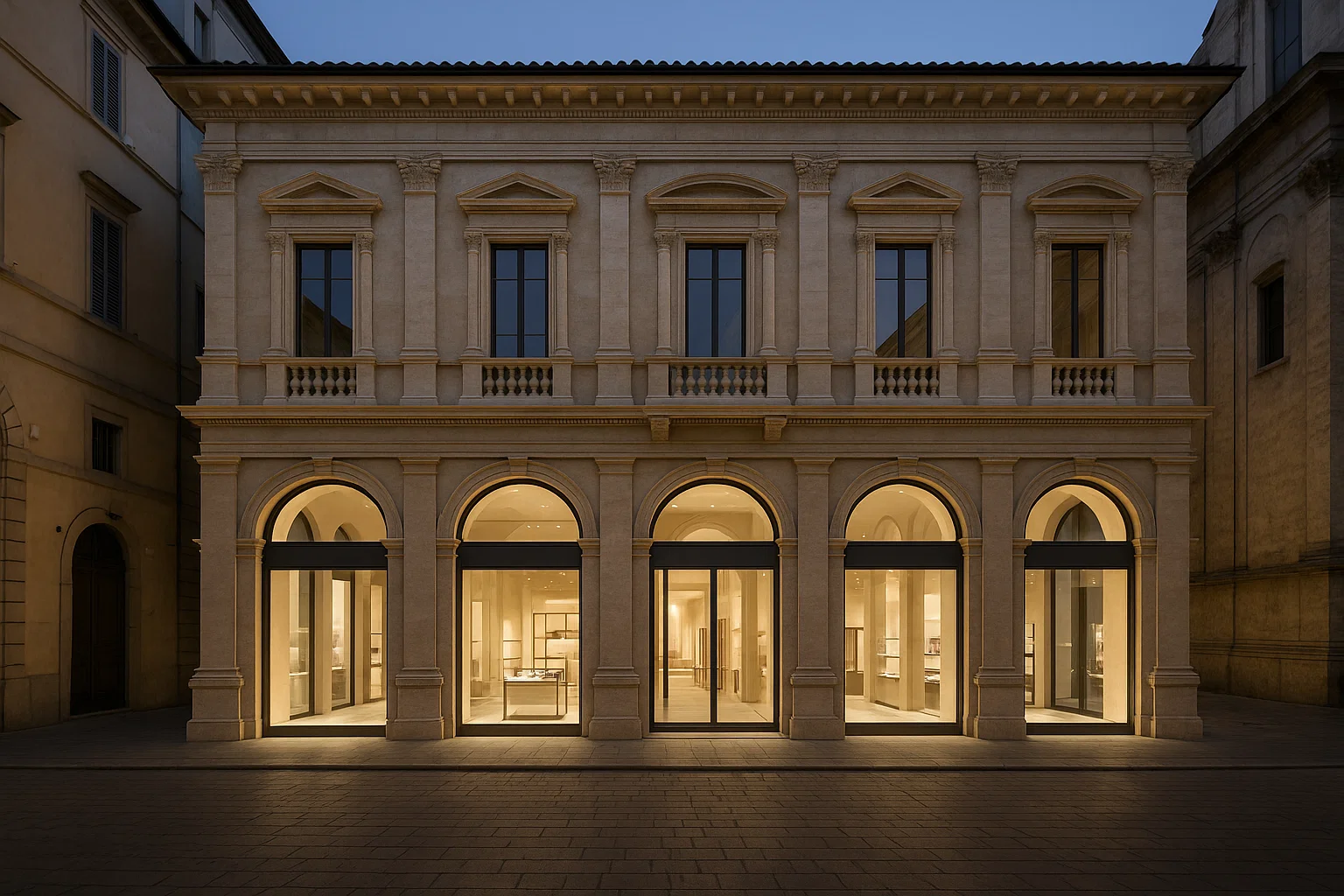 Palazzo storico del XVIII secolo restaurato e trasformato in elegante spazio commerciale in Italia.