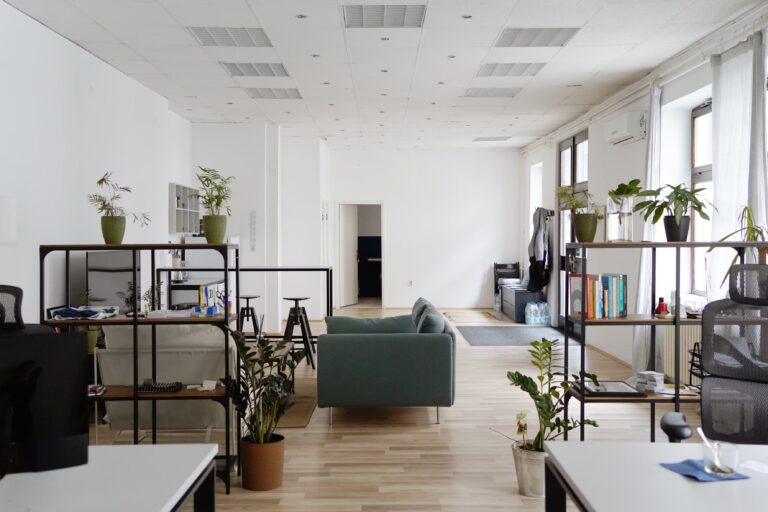Uno spazio di lavoro contemporaneo con design minimalista, mobili essenziali e una disposizione aperta. Le scaffalature con piante e libri suddividono gli ambienti in modo armonioso, offrendo comfort e ordine per attività lavorative quotidiane.